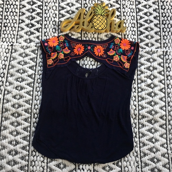 Navy Knit Top with Cut-Out and Embroidered Details - Picture 4 of 4
